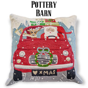 Pottery Barn Road Trip Santa Crewel Embroidered Pillow Cover With Insert